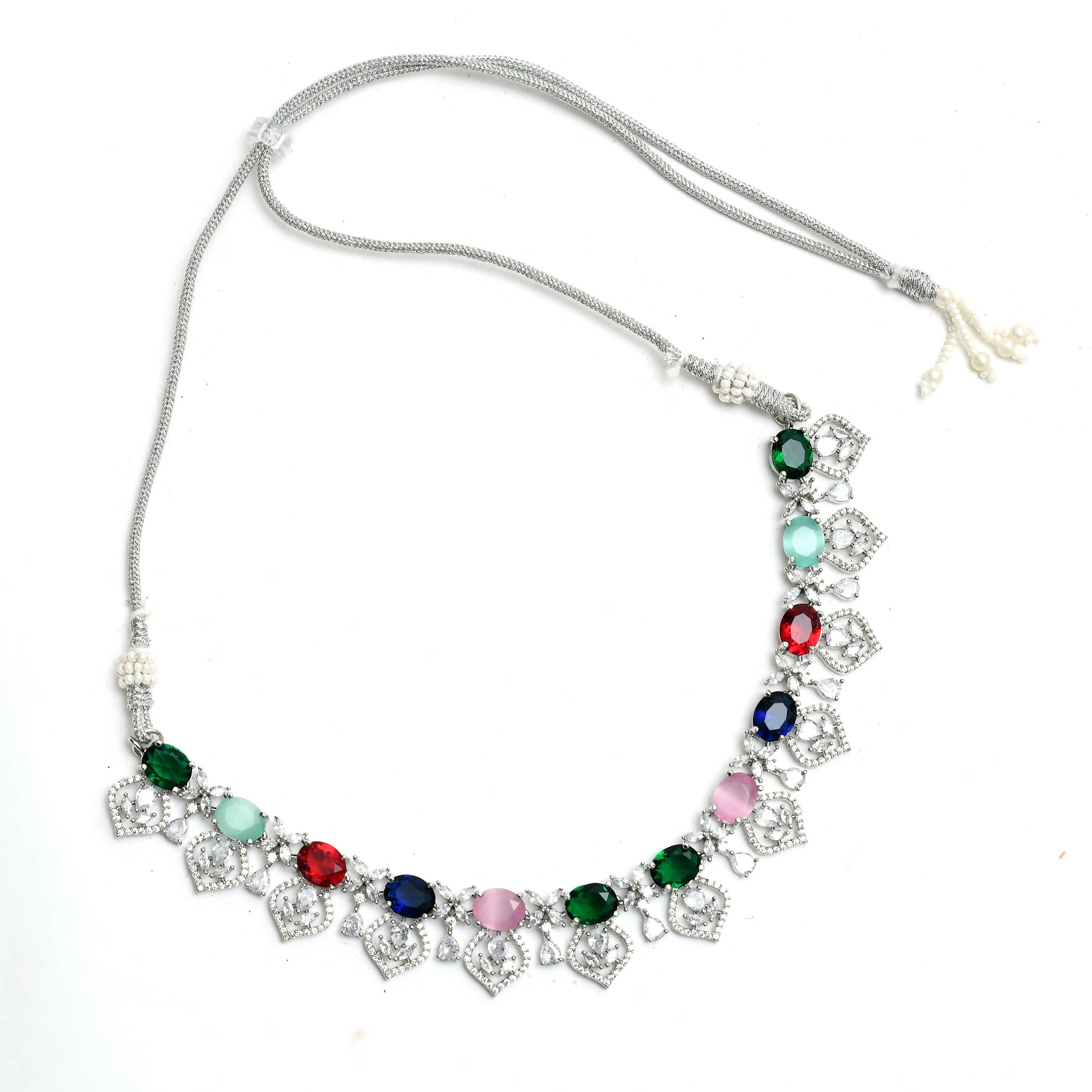 Mominos Fashion Johar Kamal Silver-Plated American Diamond Multi Colour Choker Set - Distacart