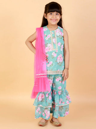 Lil Drama Girls Kurta With Sharara & Dupatta Set - Blue - Distacart