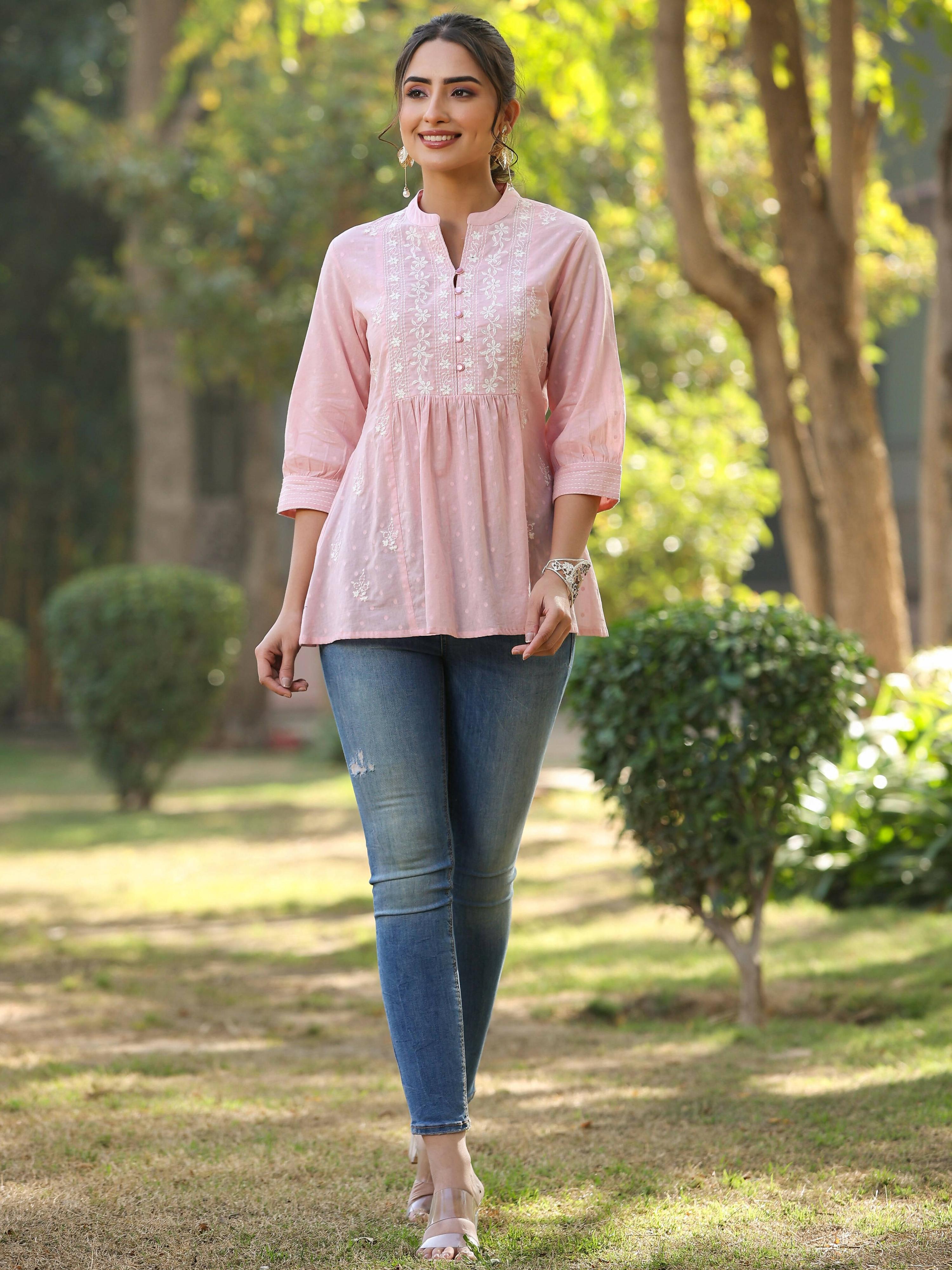 Juniper Women's Pink Cotton Solid With Embroidered Straight Tunic - Distacart