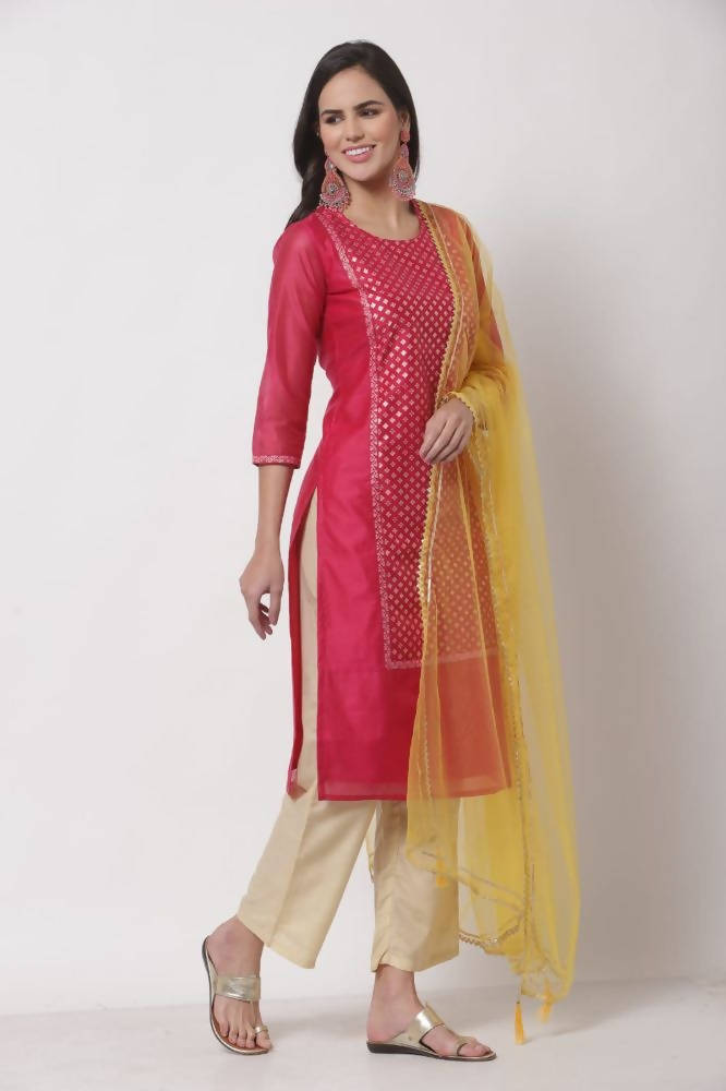 Myshka Women's Cotton Printed 3/4 Sleeve Round Neck Casual Dark Pink Kurta Pant Dupatta Set