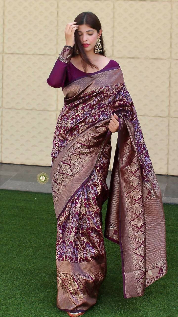 DEIANA'S Beautiful Golden Jari with New Design Soft Lichi Silk Saree - Wine - Distacart