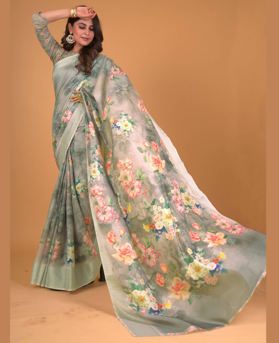 Green Cotton Silk Floral Printed Saree With Unstitched Blouse Piece - Akshita - Distacart