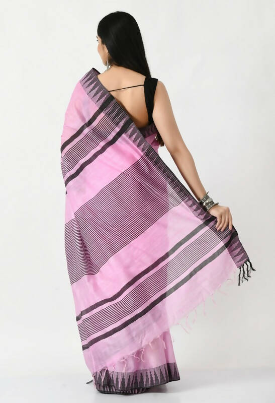 Mominos Fashion Moeza Baby Pink Bhagalpuri Handloom Silk Black Temple Border Saree with unstitched Blouse piece - Distacart