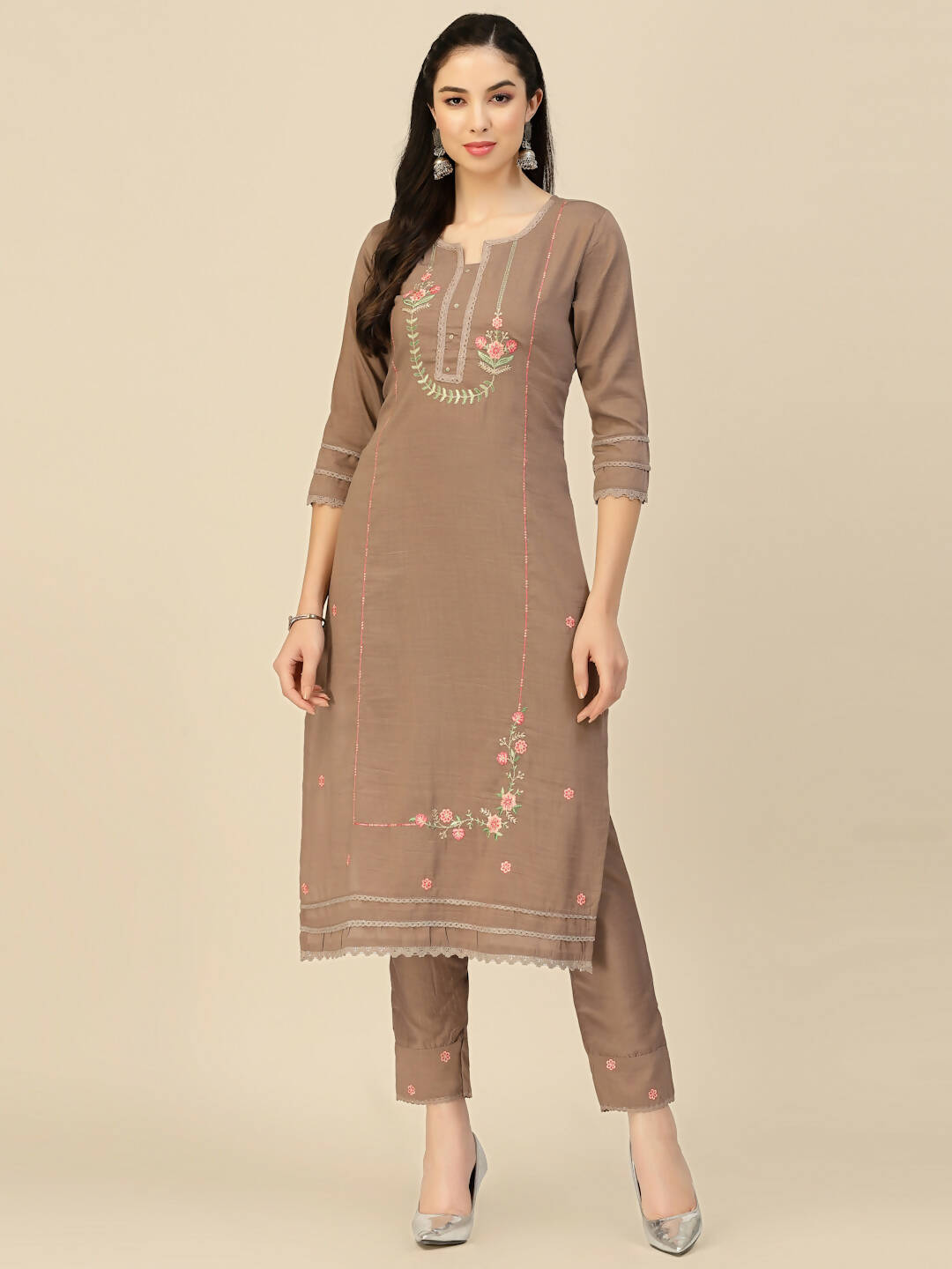 Brown Embroidered Chinon Straight Kurta With Trouser & Dupatta - Salimar - Distacart