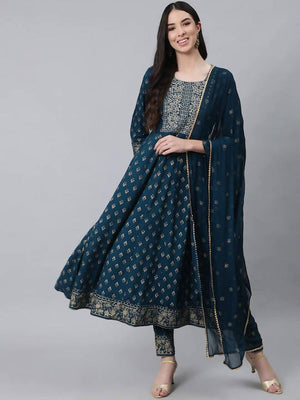 Anubhutee Navy Blue Ethnic Motifs Embroidered Thread Work Kurta with Trousers & With Dupatta - Distacart