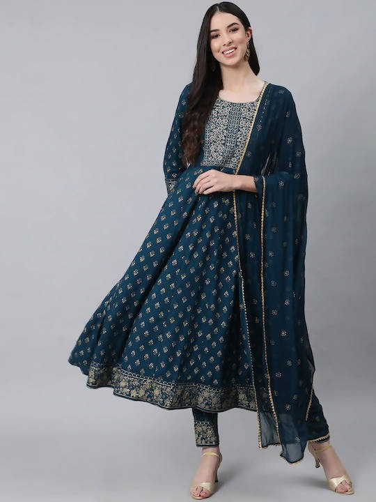 Anubhutee Navy Blue Ethnic Motifs Embroidered Thread Work Kurta with Trousers &amp; With Dupatta - Distacart