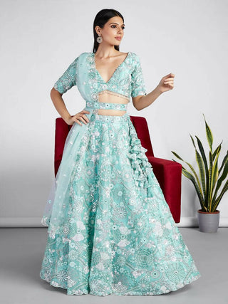House of Panchhi Turquoise Blue Organza Sequins, Zarkan And Thread Embroidery Lehenga Choli & Dupatta - Distacart