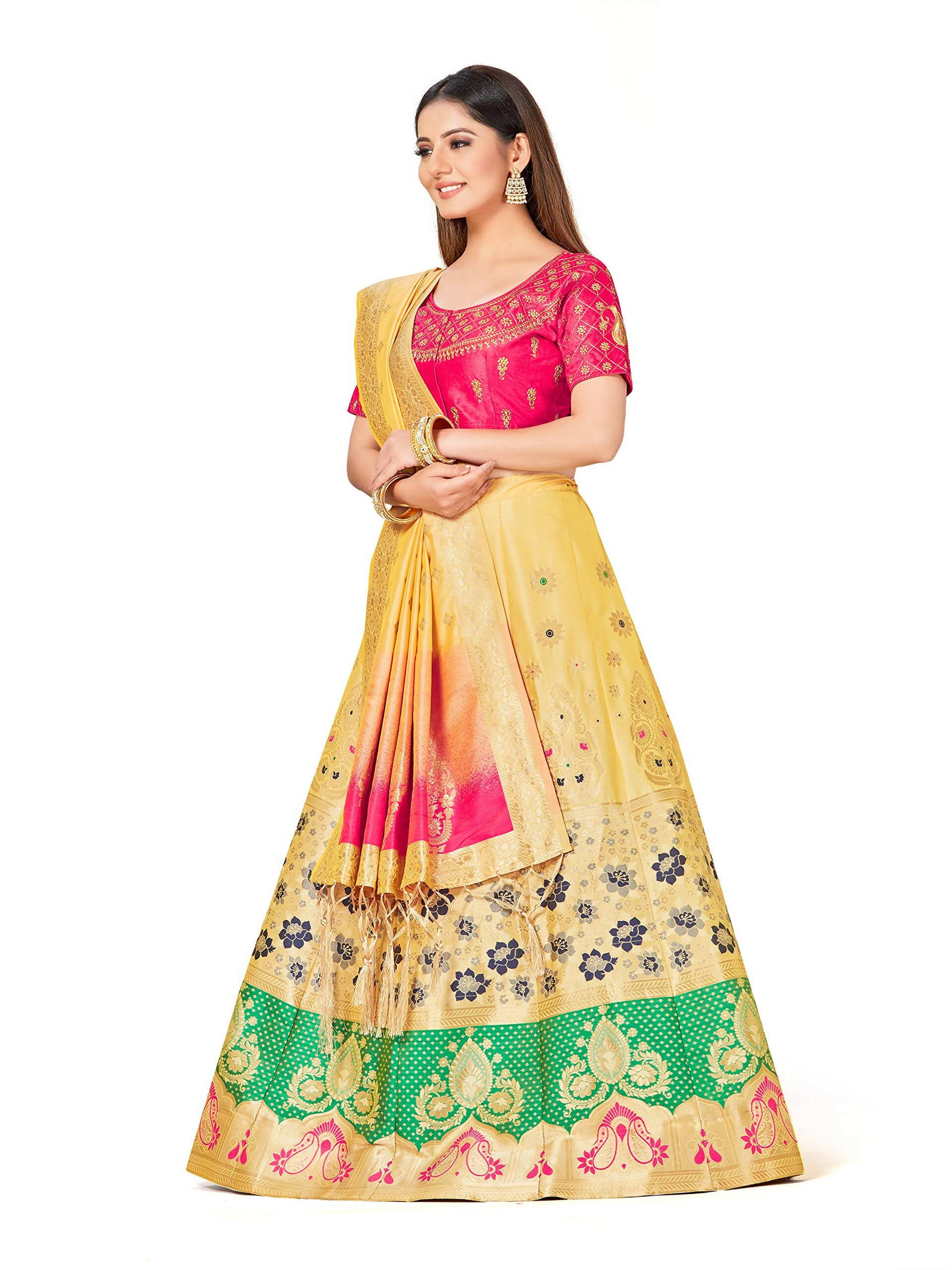 Mimosa Women's Semi-Stitched Art Silk Yellow Lehenga Choli with Dupatta - Distacart