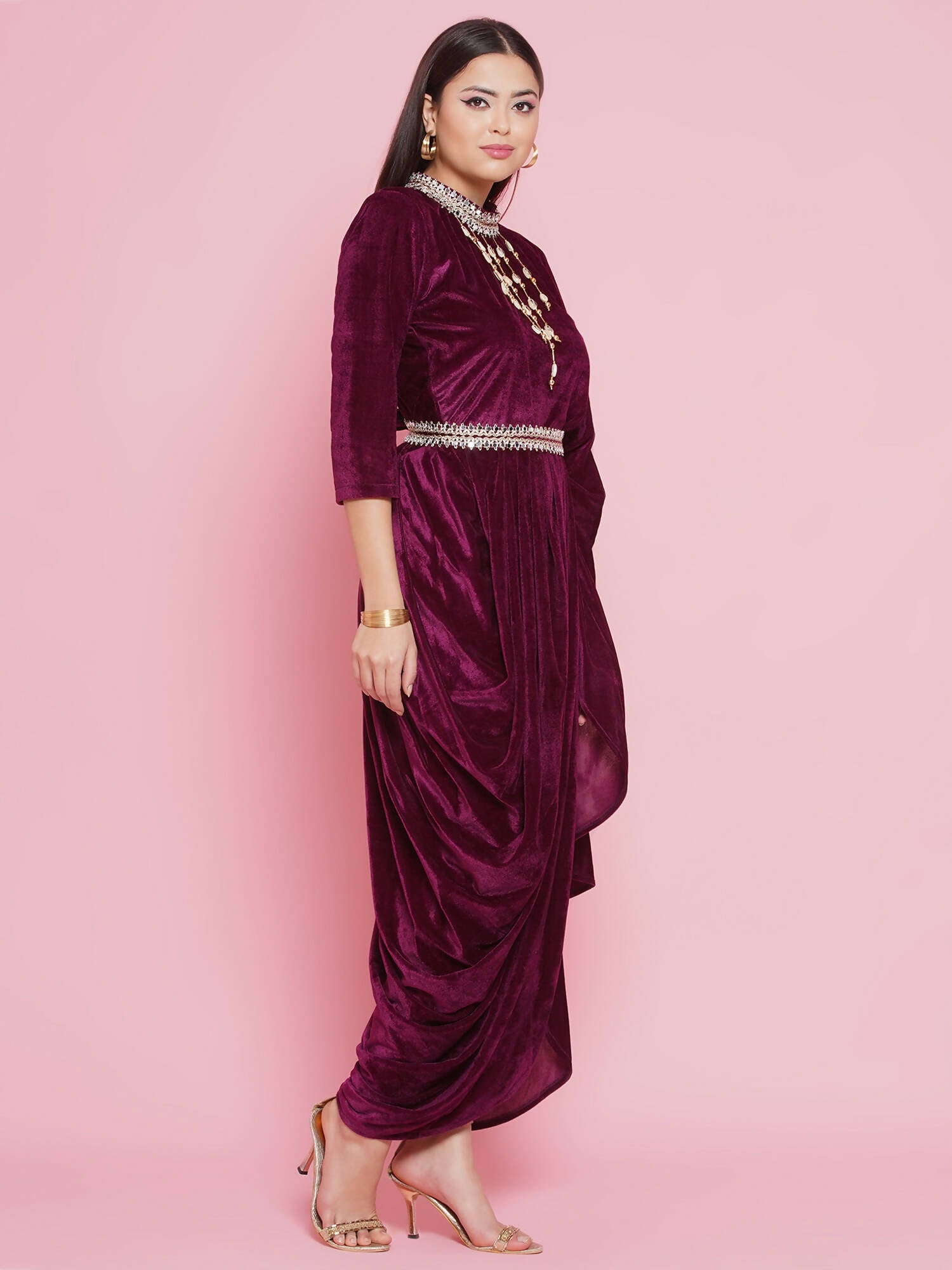 Women Republic Burgundy Velvet Kurta With Attached Neckalace,Belt And Pant - Distacart