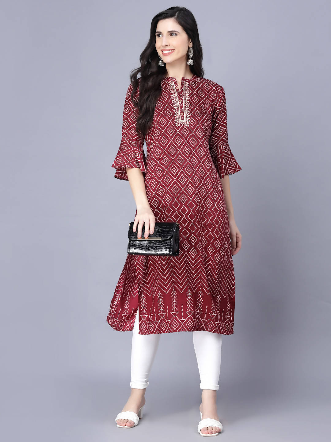Myshka Silk Printed 3/4 Sleeve Round Maroon Women Kurta - Distacart