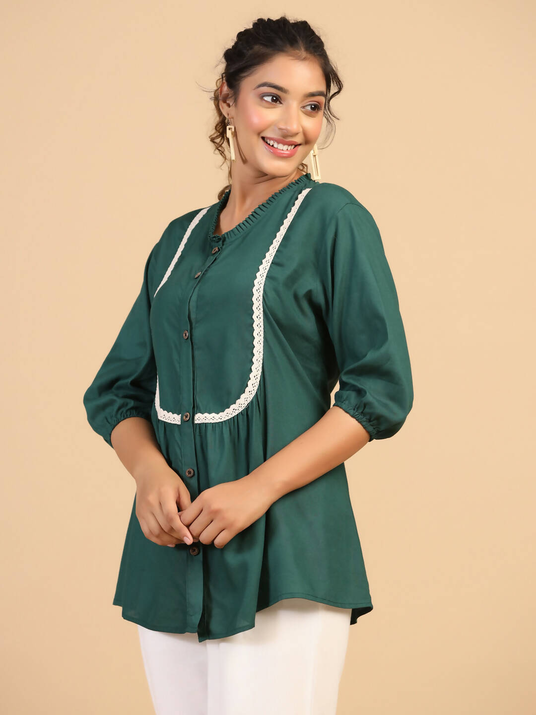 Womens Green Rayon Solid Top - Keeva - Distacart