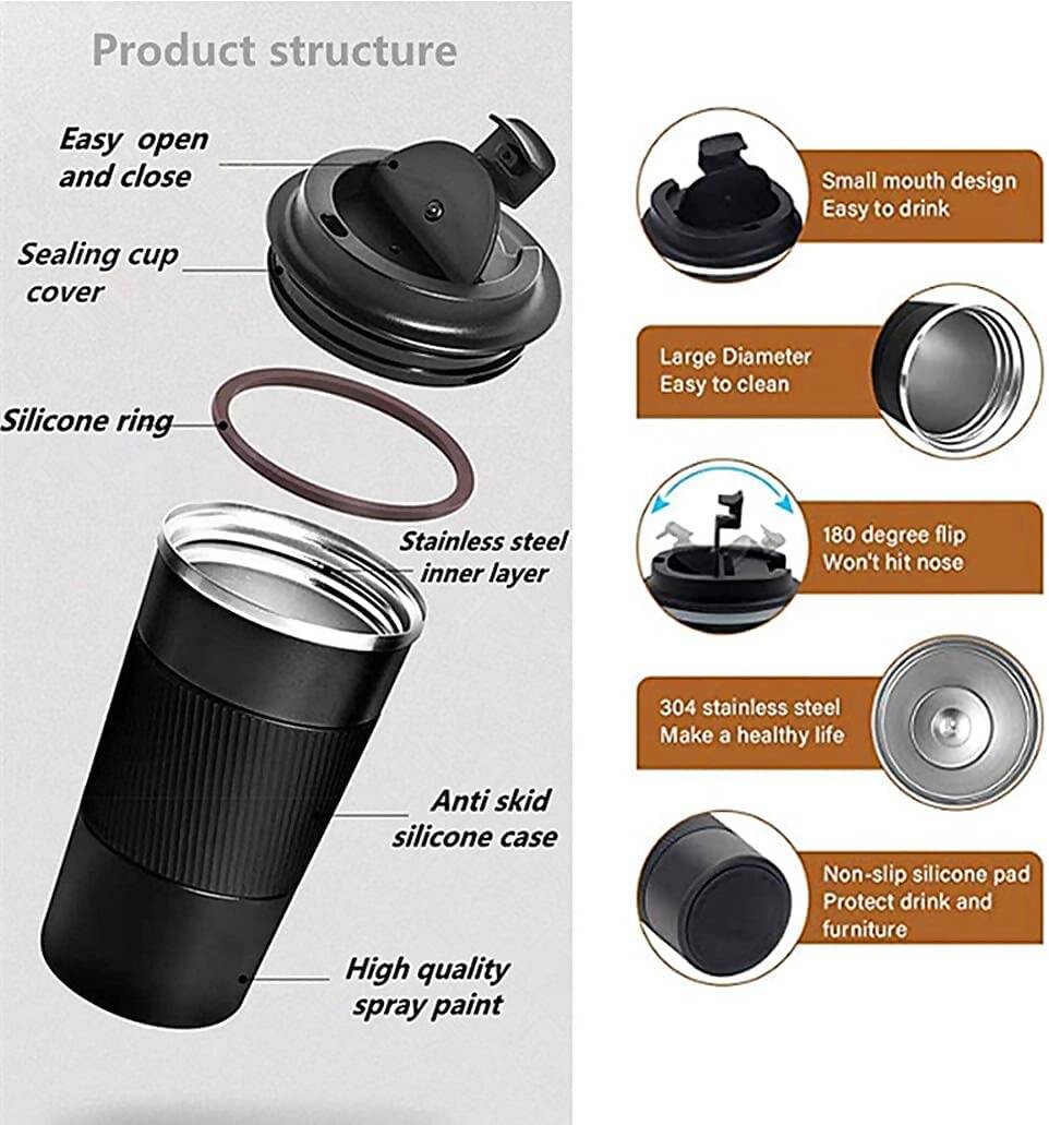 Wosta Insulated Travel Coffee Mug Tumbler 2.0 - 510ml (Black) - Distacart