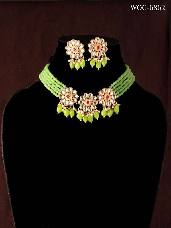 Mominos Fashion Johar Kamal Women's Pista Beads Pearls Gold-Plated Jewellery Set