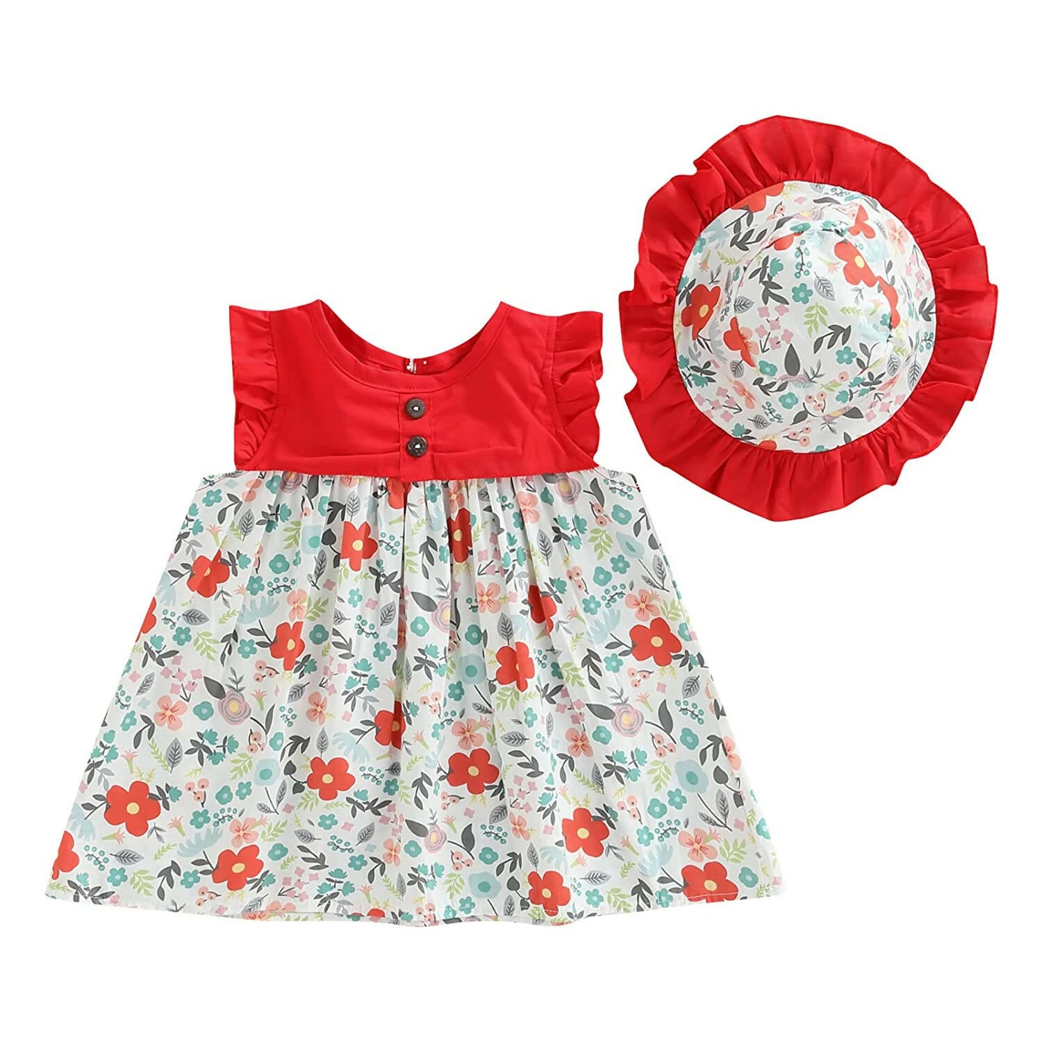 Bold N Elegant Cotton Floral Printed Ruffle Sleeve Princess Dress Frock With Fabric Hat Cap - Red - Distacart