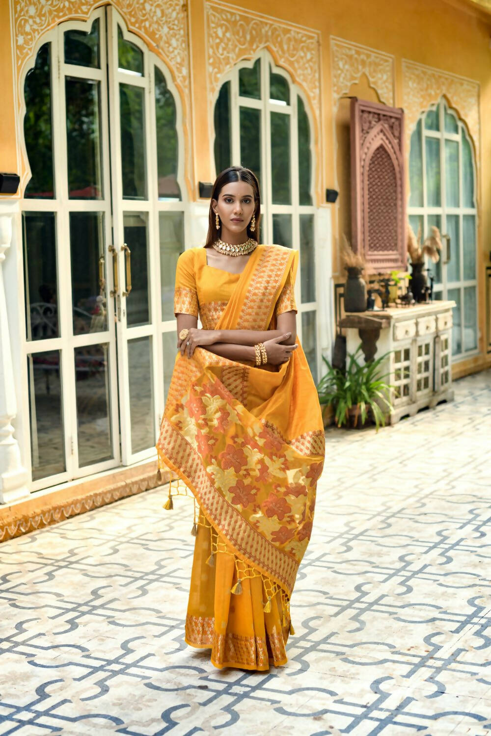 Vishnu Weaves Women's Yellow Cotton Silk Zari Woven Butta Work Saree with Blouse - Distacart