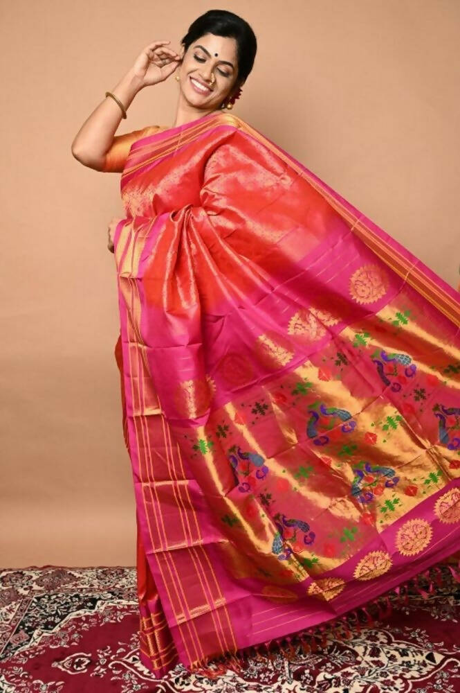 Very Much Indian Silk Handloom Maharani Paithani Complete Brocade Work Throughout Saree Peach Pink - Distacart