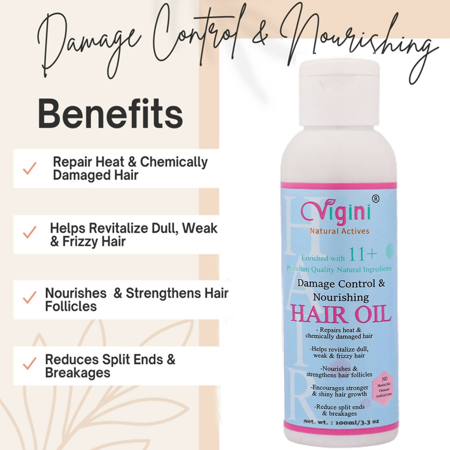 Vigini Damage Repair Nourishing Hair Care Tonic Oil with Keratin, Brahmi, Coconut Oil - Distacart