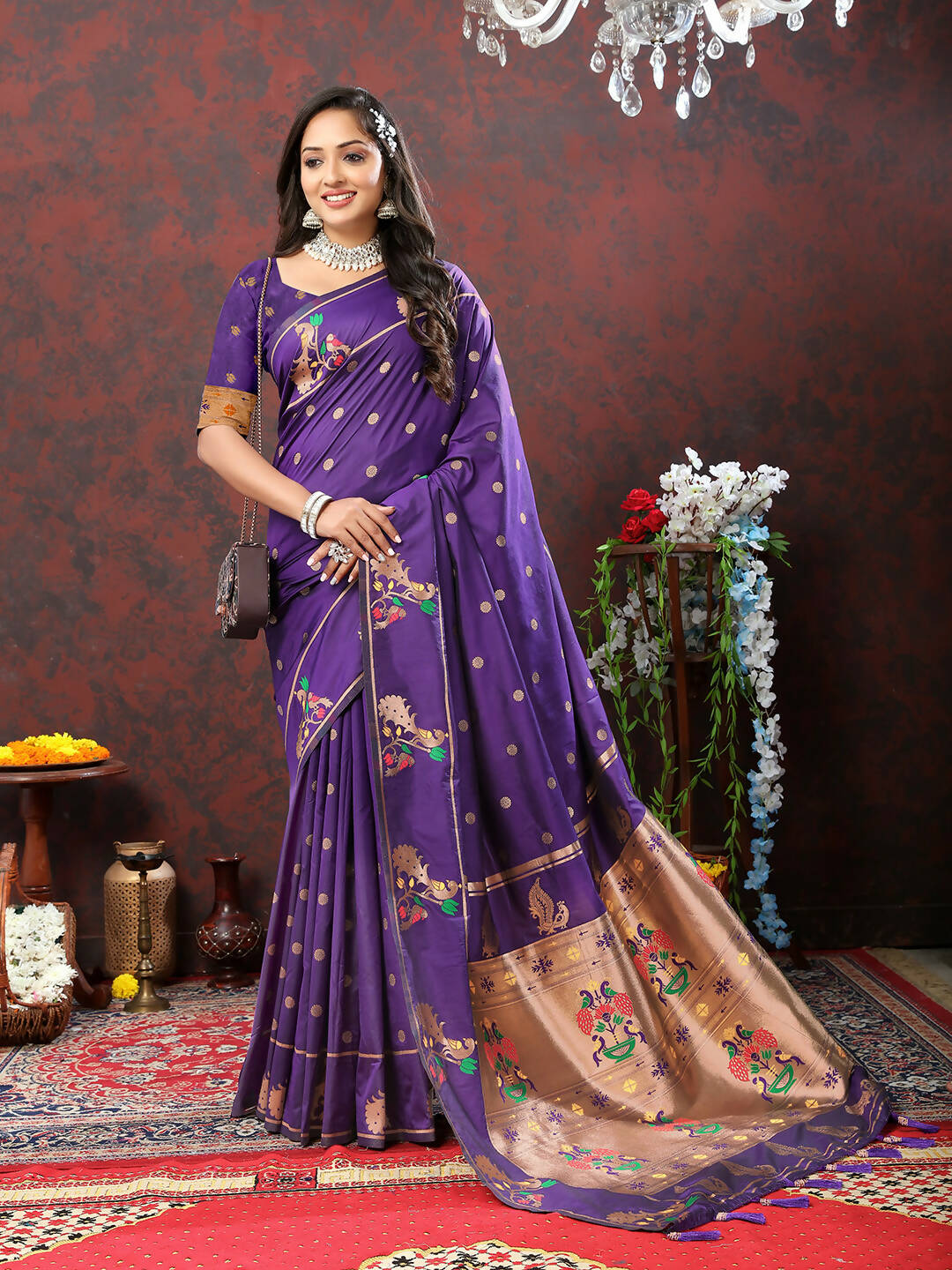 Lorenvalley Fashion Purple Soft Paithani Silk Woven Design Copper Zari Meenakari Weaving Saree - Distacart