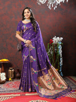 Thumbnail for Lorenvalley Fashion Purple Soft Paithani Silk Woven Design Copper Zari Meenakari Weaving Saree - Distacart