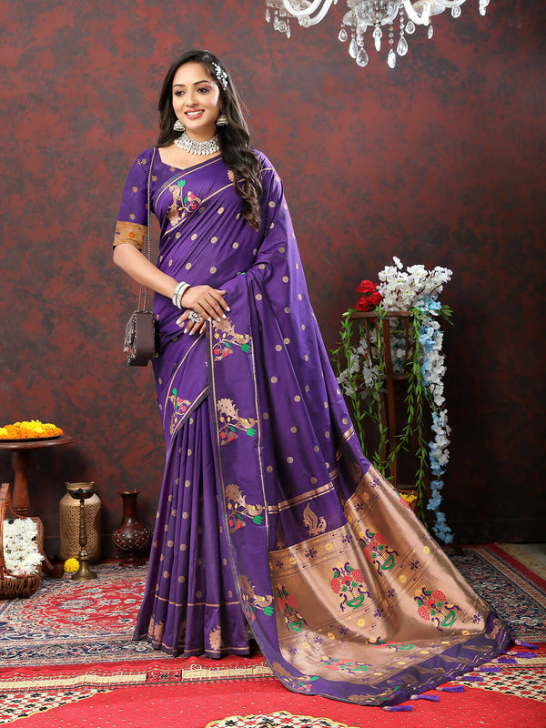 Lorenvalley Fashion Purple Soft Paithani Silk Woven Design Copper Zari Meenakari Weaving Saree - Distacart