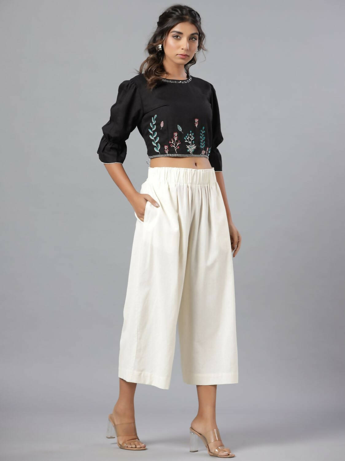 Juniper Women Black Rayon Flex Embroidered Crop Top - Distacart