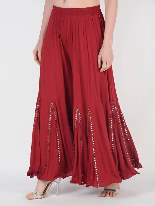 Mominos Fashion Maroon Viscose Rayon Flared Palazzo with Mirror Lace Work - Distacart