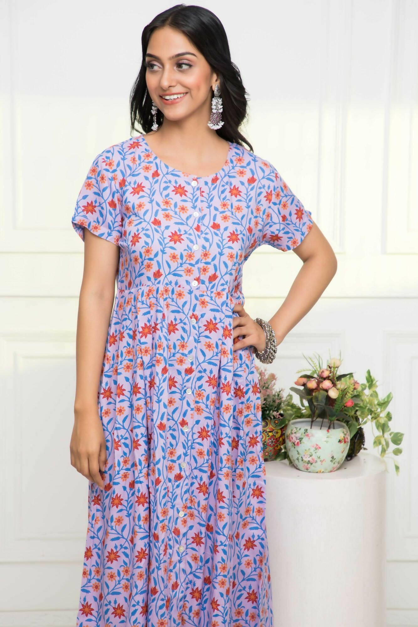 Myshka Women Purple Floral Rayon A-Line Round Neck Dress - Distacart