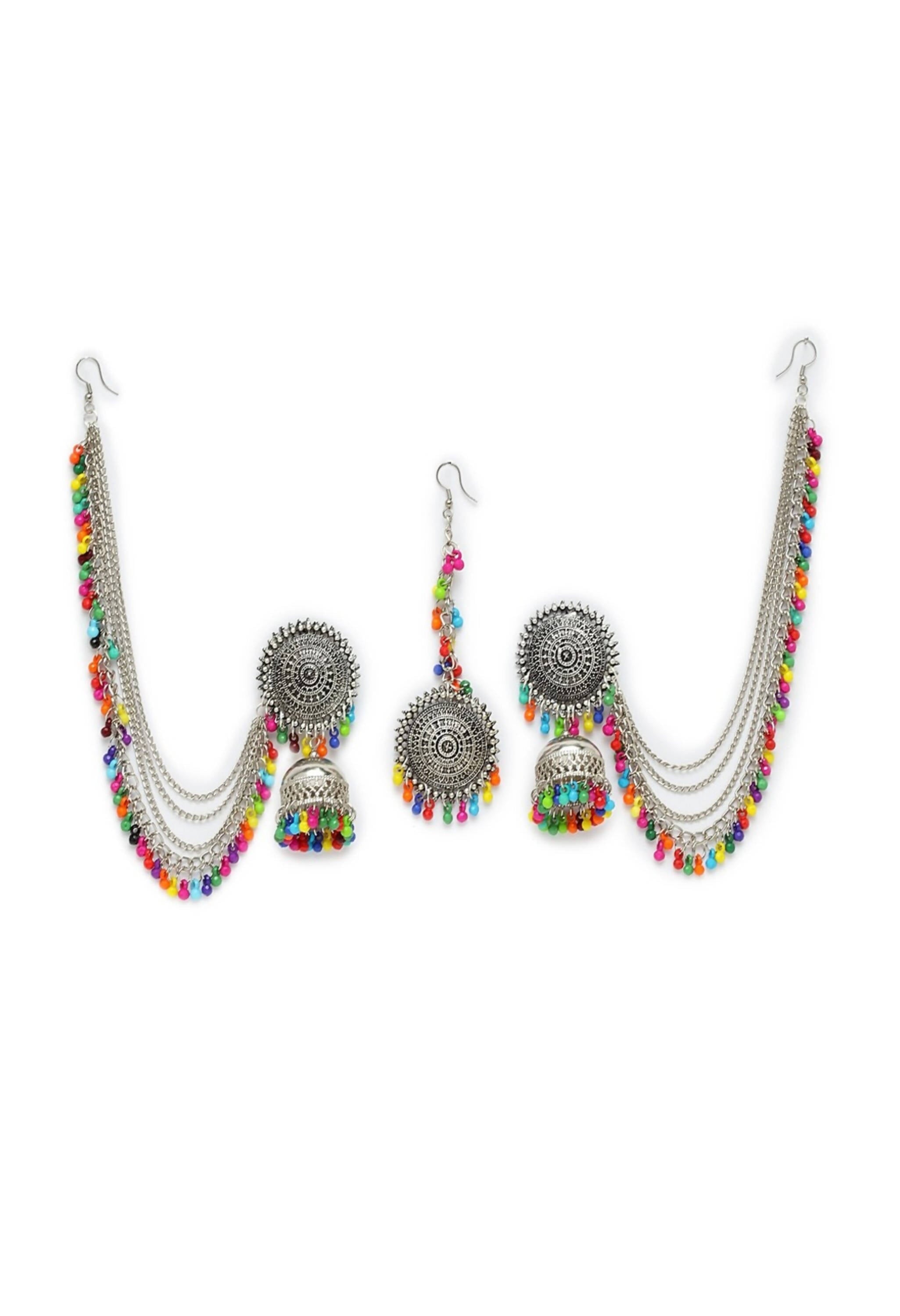 Mominos Fashion Johar Kamal Bahubali Multi Beads Earrings With Tikka - Distacart