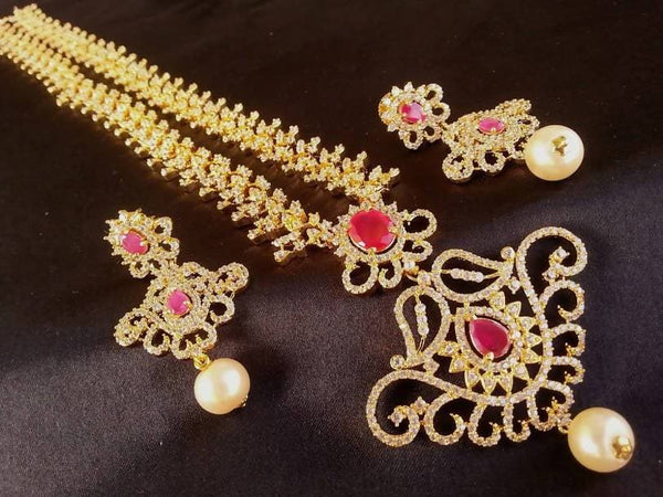 Traditional Ad Ruby Bridal Long Necklace Set