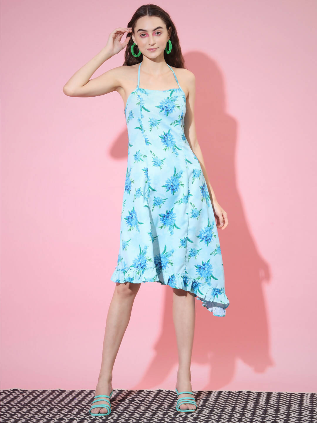 Myshka Women's Blue Floral Printed Fit and Flare Dress - Distacart