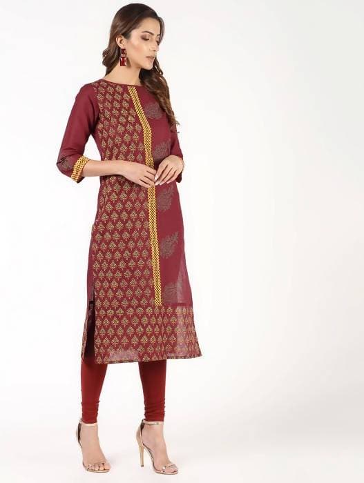 Aniyah Cotton Block Printed Maroon Straight Kurta (AN-141K)