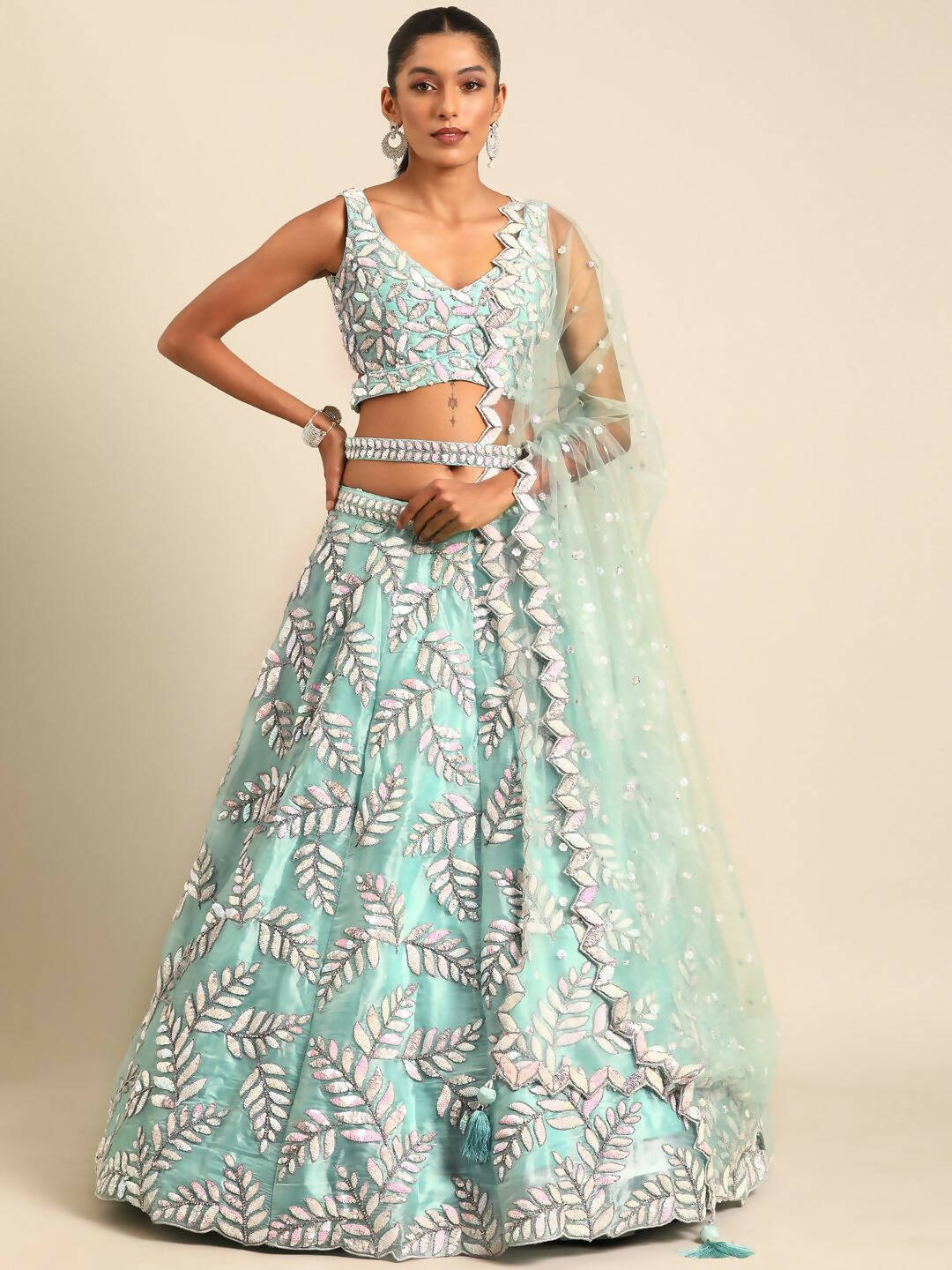 House of Panchhi Turquoise Blue Organza Sequins & Zarkan embroidery Lehenga choli & Dupatta - Distacart