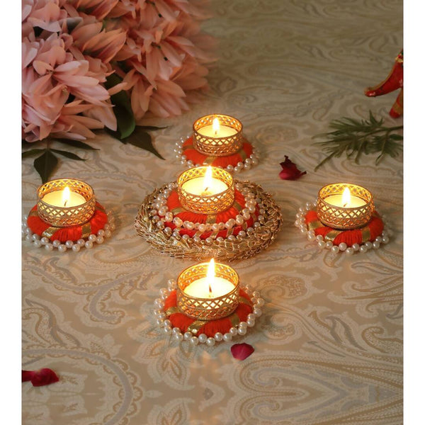 Tied Ribbons Set of 5 Orange & Gold-Toned Tealight Candle Holder - Distacart