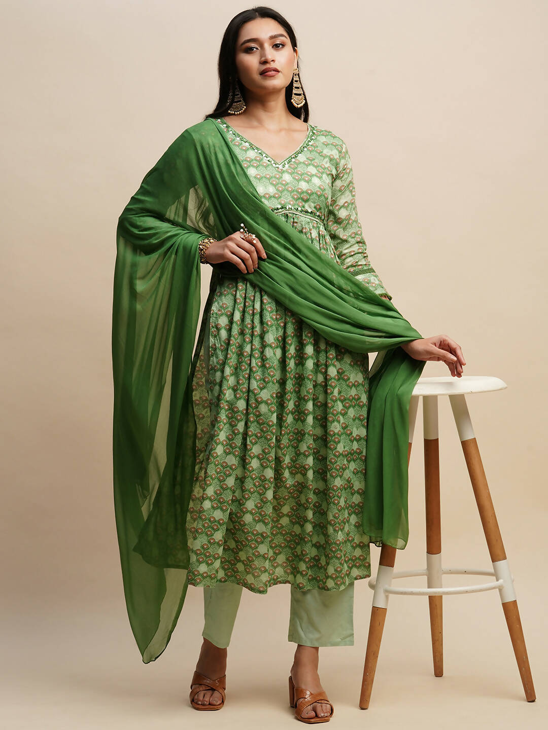 Green Pure Cotton Floral Printed Naira Cut Kurta And Bottom With Dupatta - Akashara - Distacart
