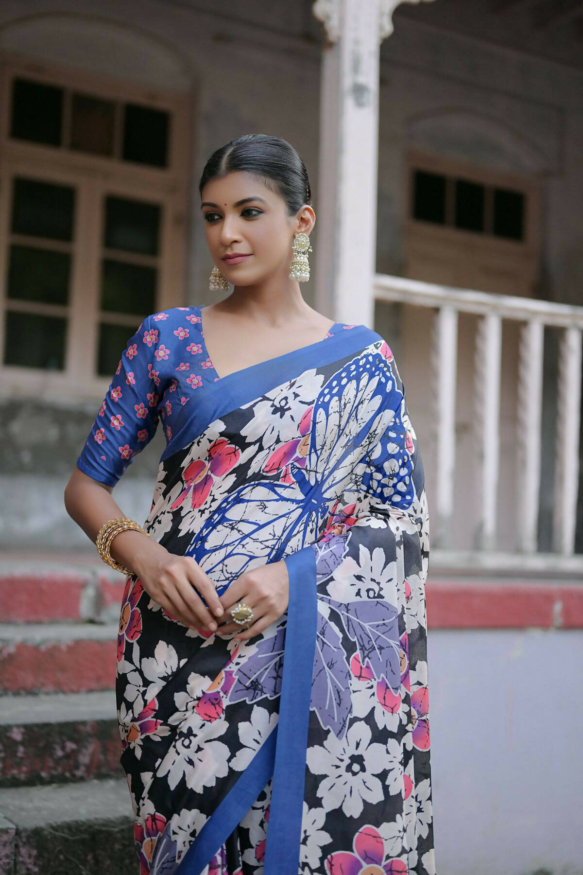 Vishnu Weaves Women's Black Cotton Silk Printed Saree with Blouse - Distacart