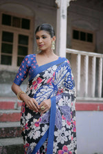 Thumbnail for Vishnu Weaves Women's Black Cotton Silk Printed Saree with Blouse - Distacart