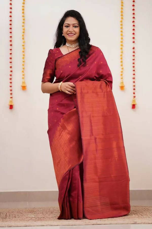 DEIANA'S Beautiful Golden Jari with New Design Soft Lichi Silk Saree - Red - Distacart