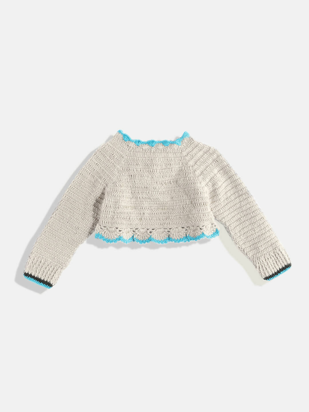 Chutput Kids Woollen Hand Knitted Full Sleeves Cardigan With Short Sleeves Flower Work Dress - Grey - Distacart