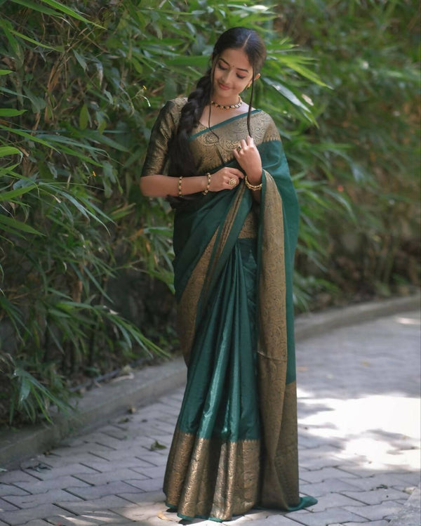 DEIANA'S Beautiful Golden Jari with New Design Soft Lichi Silk Saree - B Green - Distacart