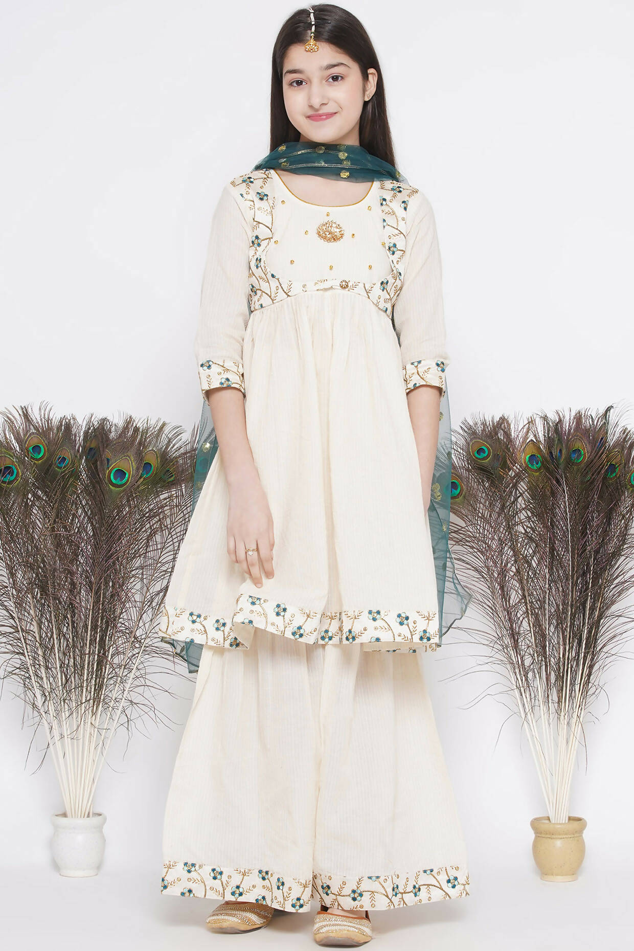 Little Bansi Blue Floral Embroidery Jacket with Cotton Kantha Frock Sharara and Dupatta with Ghungroo Handwork - Cream - Distacart