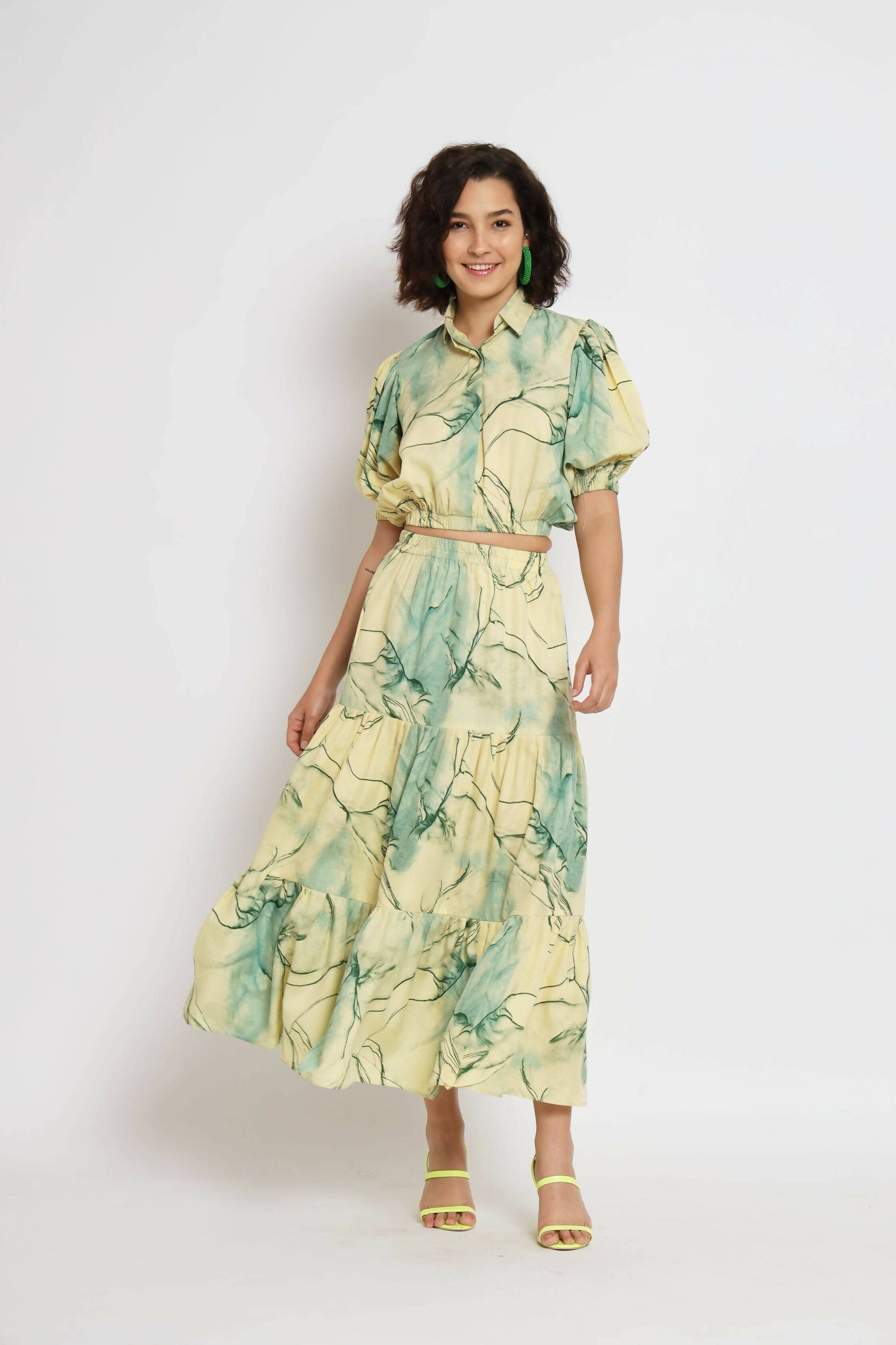 Green Rayon Tie dye Printed Top with Matching Skirt - Shivani - Distacart