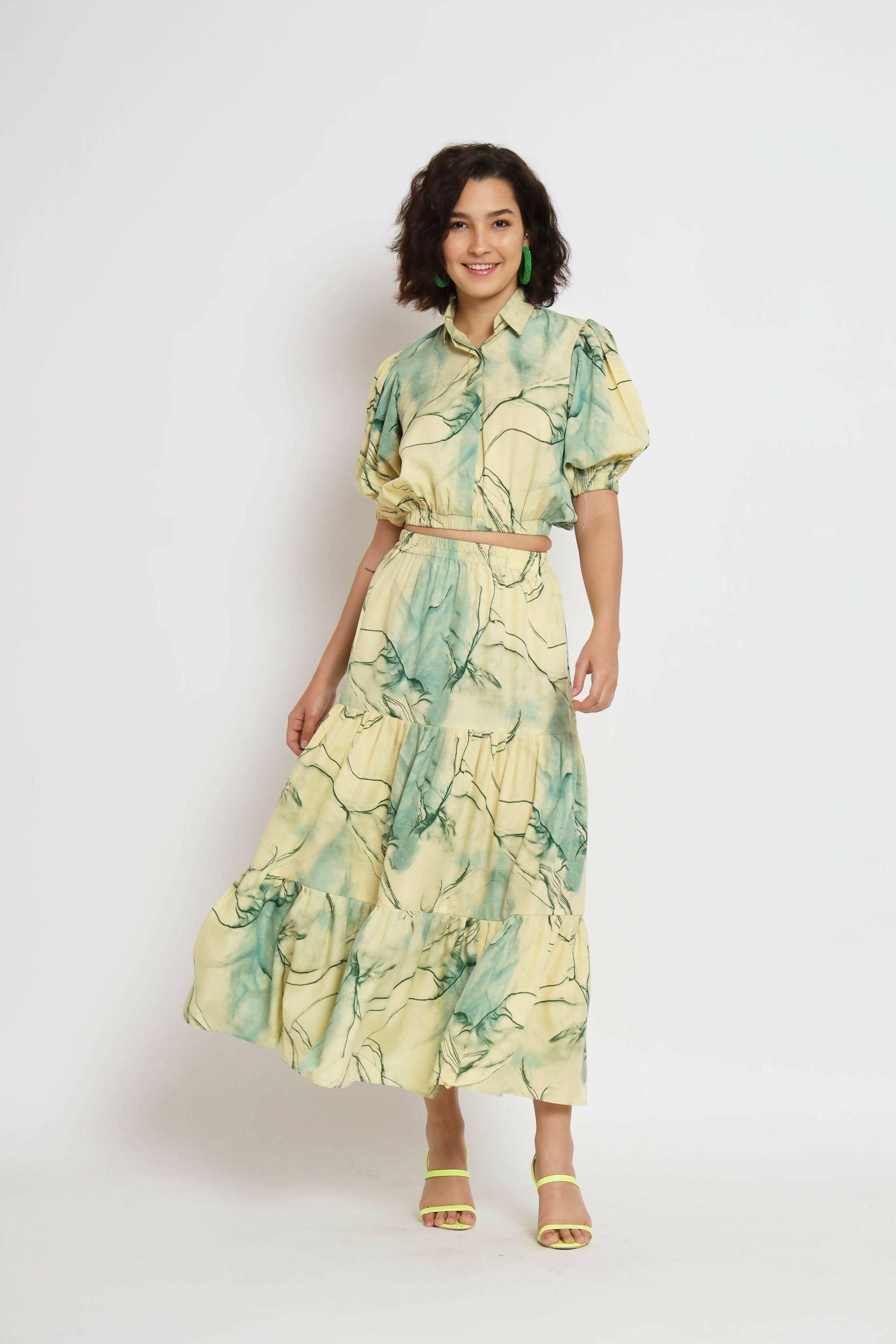 Green Rayon Tie dye Printed Top with Matching Skirt - Shivani - Distacart