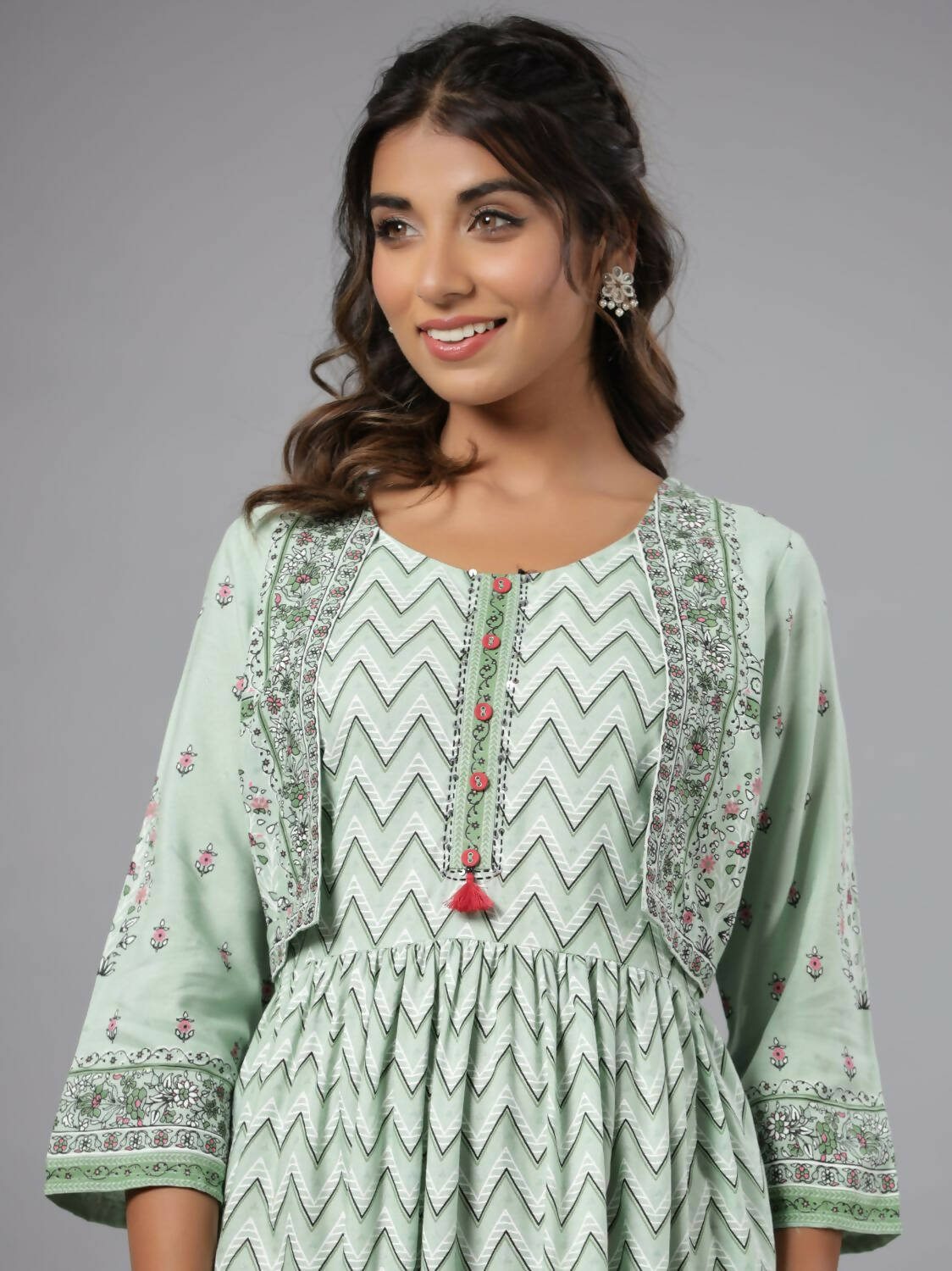 Juniper Women Sage Green Rayon Printed Jacket Style Midi Dress - Distacart