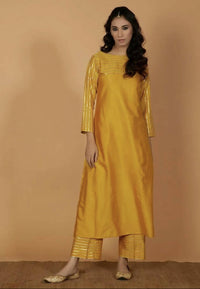 Thumbnail for Cheera Women's Silk Blend Fancy Mustard Kurta Palazzo Set - Distacart