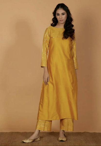 Cheera Women's Silk Blend Fancy Mustard Kurta Palazzo Set - Distacart