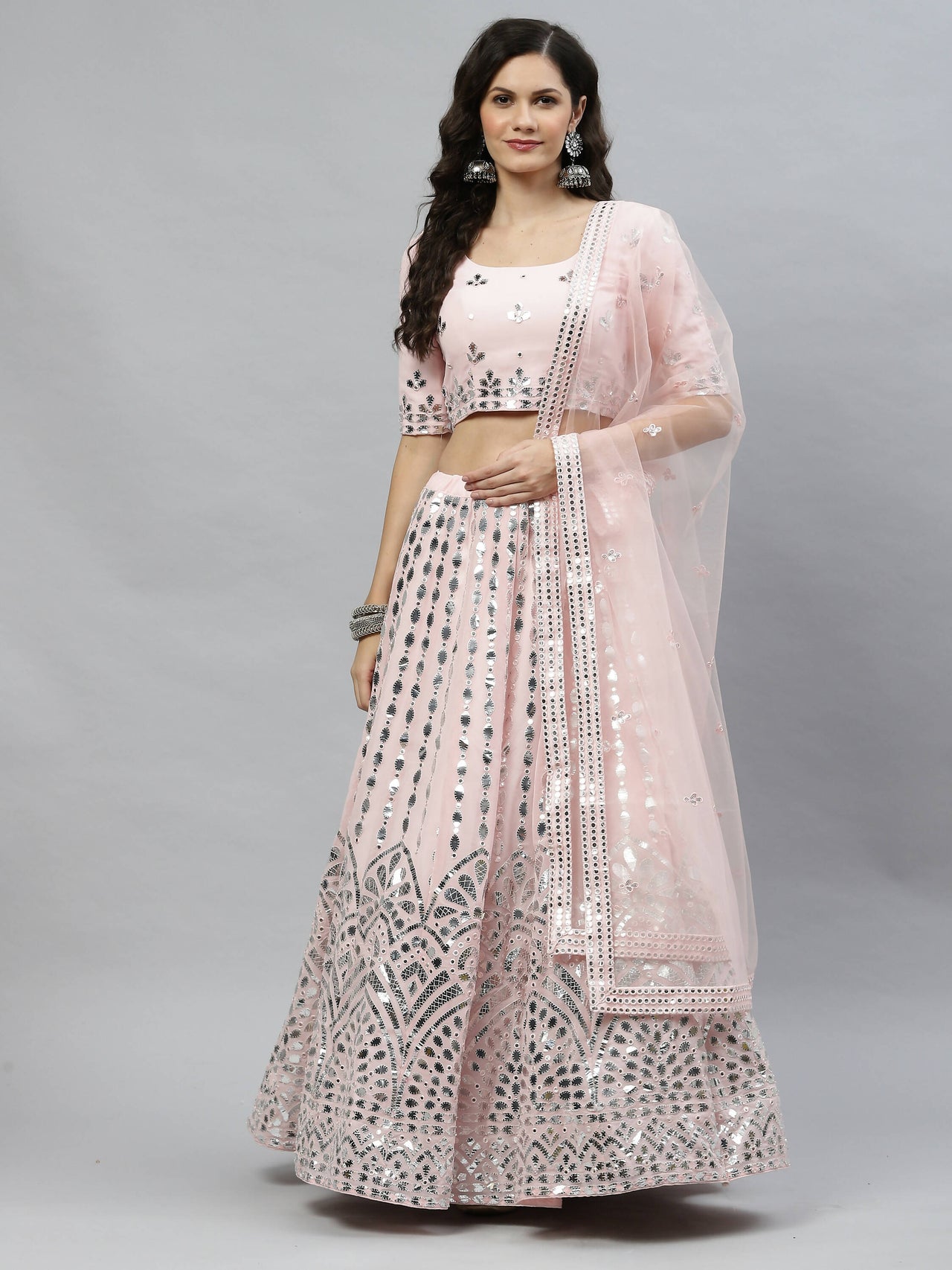 Pink Georgette Paper Mirror Embroidery Work Lehenga Choli with Dupatta - Jivika - Distacart