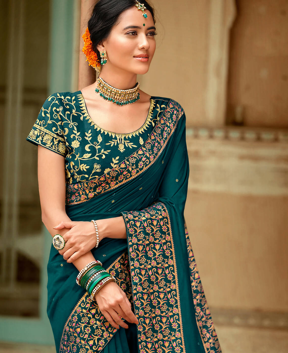 Blue Vichitra Stone Work Saree With Unstitched Blouse Piece - Rosy - Distacart