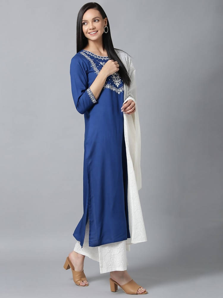Yufta Women Blue & White Yoke Design Kurta with Palazzo & Dupatta