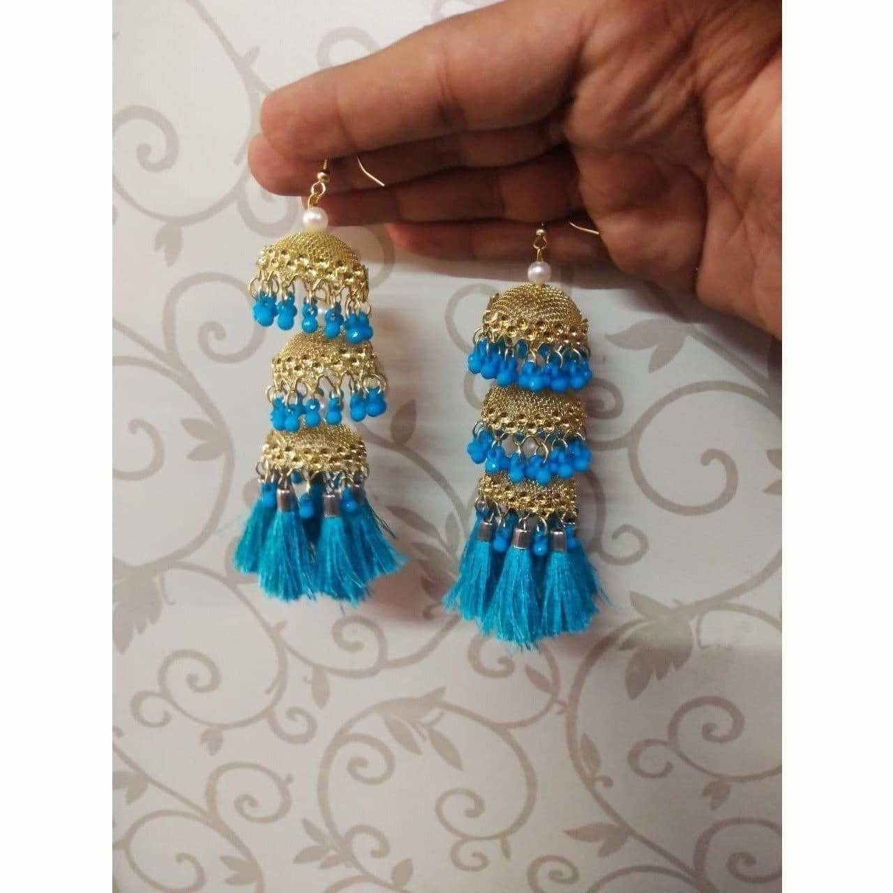 Gold Color Jhumkas With Blue Color Pearls And Silk Threads Earrings