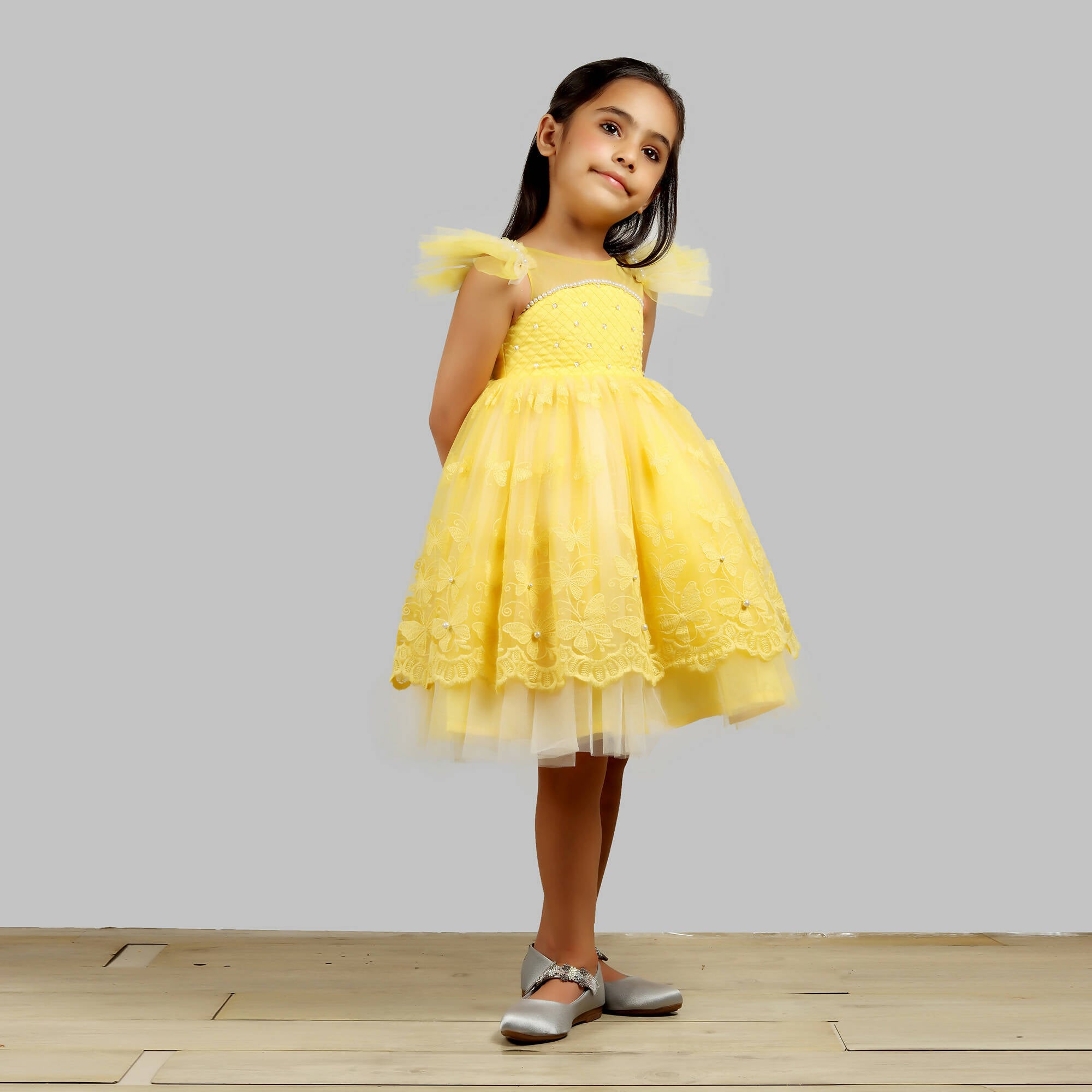 Pink Cow Fashions Yellow Dress With Net Layer At Bottom & Frill Sleeves - Distacart